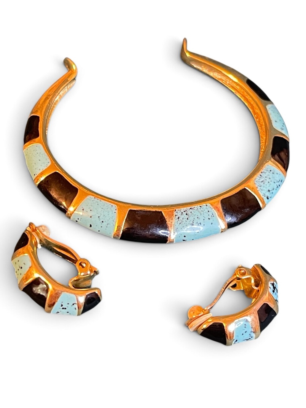 Vintage Orena Paris Gold-Plated Speckled Turquoise & Black Enamel Jewelry Set